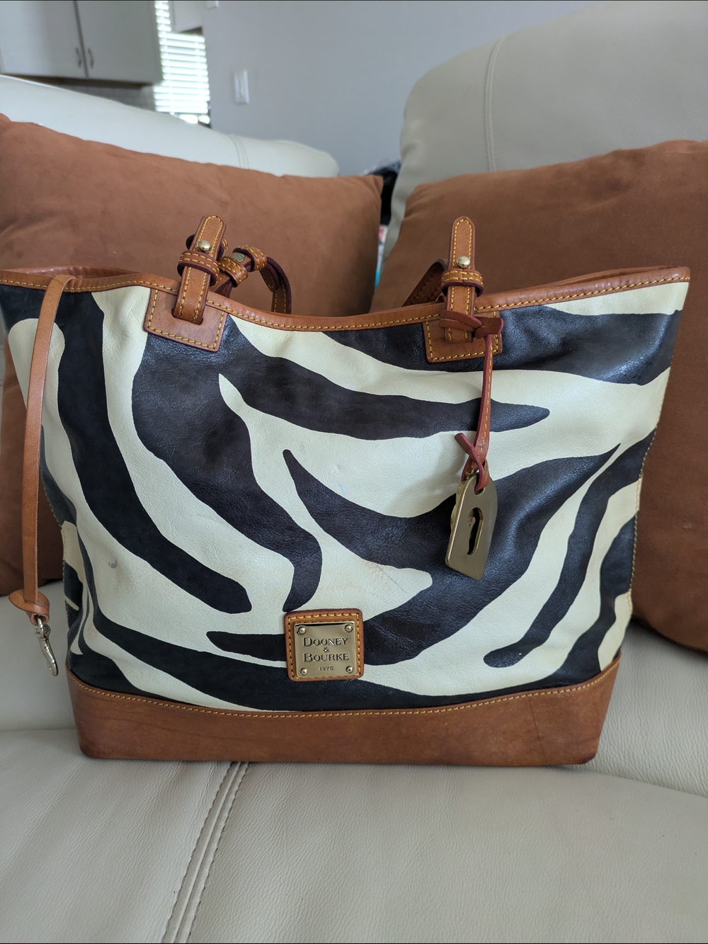 Dooney & Bourke Black and White Zebra Print Lee Leather Tote with Brown Trim
